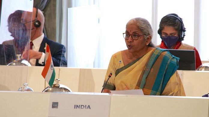 Finance Minister Nirmala Sitharaman at the G-20 ministerial meet in Rome, on 29 October 2021 | Twitter/@FinMinIndia