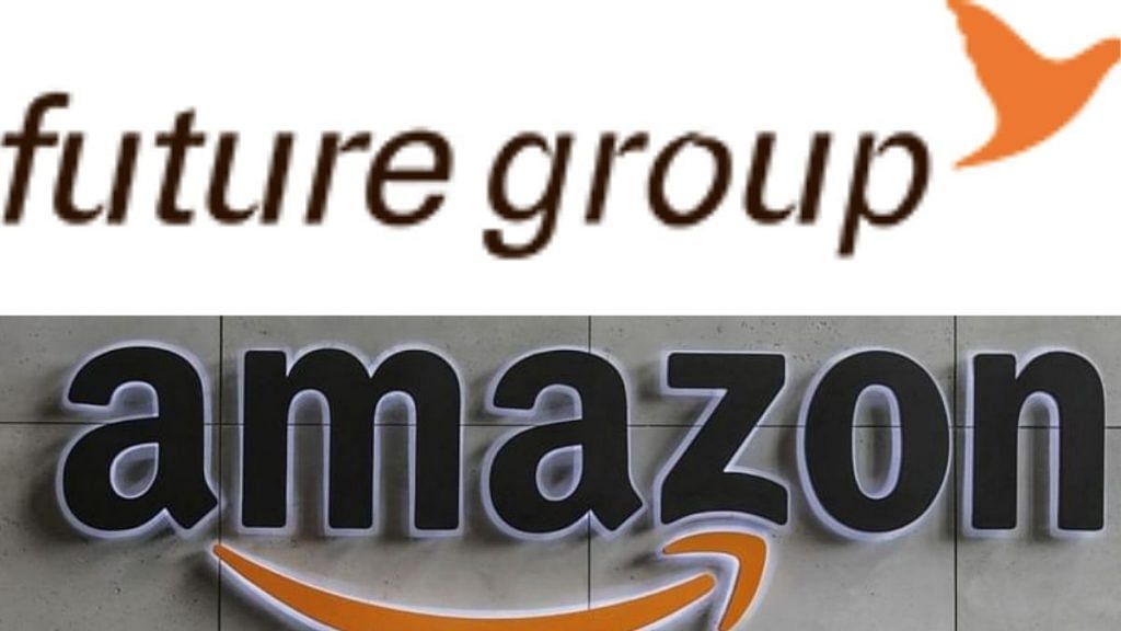 Logos of Future Retail ltd and Amazon| Photo: Bloomberg/ Twitter: @fg_buzz