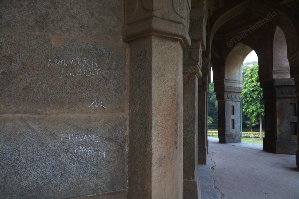 On the walls of Muhammad Shah Sayyid Tomb in Lodhi Garden names written | Photo: Manisha Mondal | ThePrint