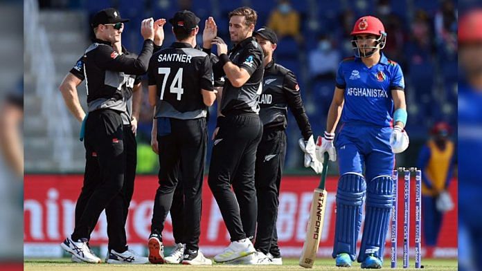 New Zealand's Tim Southee celebrates the dismissal of Afghanistan's Rahmanullah Gurbaz during the ICC Men's T20 World Cup at Sheikh Zayed Stadium in Abu Dhabi, on 7 November 2021 | ANI photo