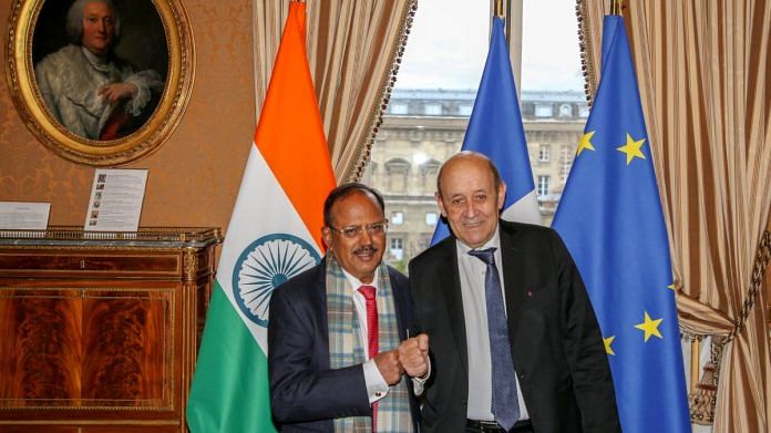 NSA Ajit Doval meets the French foreign minister Jean-Yves Le Drian in Paris, on 6 November 2021 | ANI photo