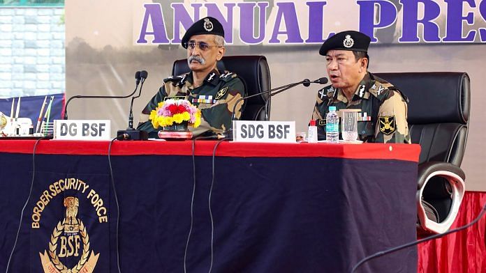 DG BSF Pankaj Kumar Singh (L) and SDG S L Thaosen during the annual press conference on the eve of 57th BSF Raising Day, in New Delhi, on 30 November 2021 | PTI Photo