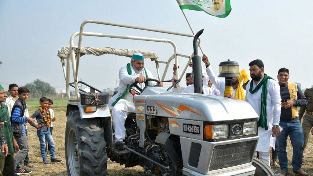 BKU leader Rakesh Tikait riding a tractor during the ongoing dharna of farmers near Madhuban Bapudham in Ghaziabad, on 24 November 2021 | Representational image | ANI photo
