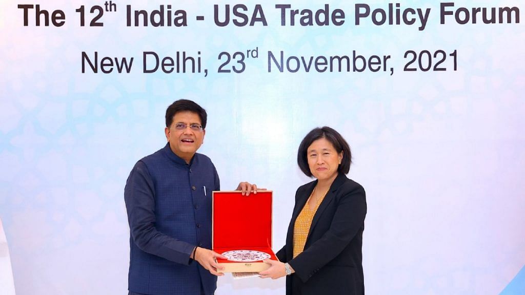 Commerce and Industry Minister Piyush Goyal with US Trade Representative Katherine Tai at the India-US Trade Policy Forum, in New Delhi Tuesday | Ministry of Commerce and Industry