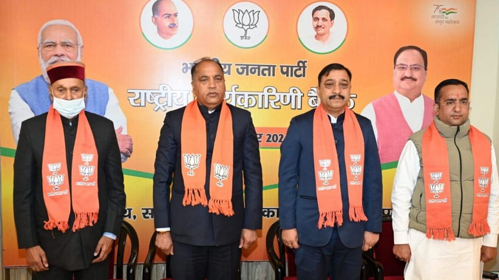 File image of (from left) former CM Prem Kumar Dhumal, Chief Minister Jai Ram Thakur, Himachal BJP chief Suresh Kashyap and party leader Pavan Rana | Twitter/@BJP4Himachal