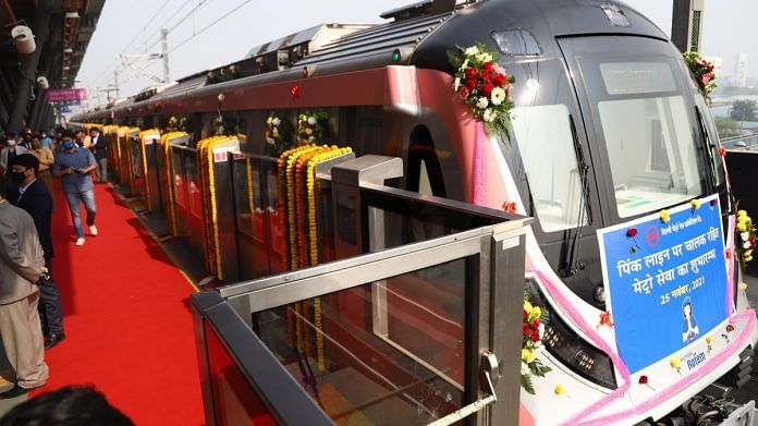 A driverless Metro train stands at a station during the inauguration of Driverless Train Operations (DTO) on the Pink Line of Delhi Metro, on 25 November 2021 | PTI