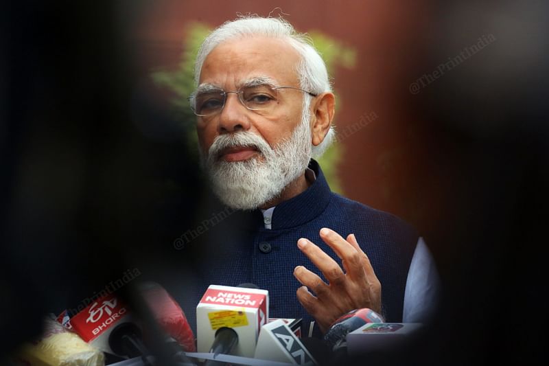 Prime Minister Narendra Modi addressing media at Parliament House | Photo: Praveen Jain | ThePrint