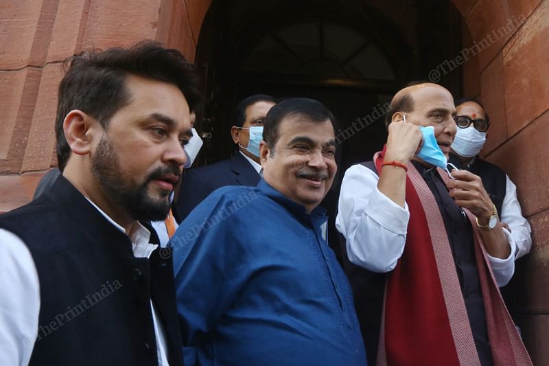 Cabinet Minister Anurag Thakur, Nitin Gadkari and Rajnath Singh arrives at Parliament House | Photo: Praveen Jain | ThePrint