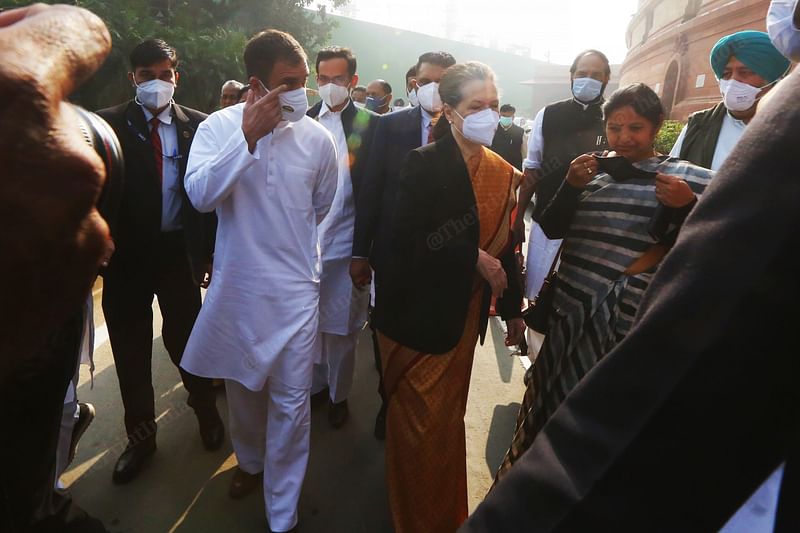 Congress President Sonia Gandhi, Rahul Gandhi, and other senior leaders arrive at Parliament House to protest in favor of Farmers | Photo: Praveen Jain | ThePrint