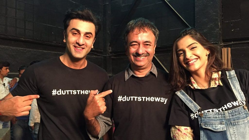 Rajkumar Hirani with Ranbir Kapoor and Sonam Kapoor at the set of Sanju. | Photo Credit: Twitter/@RajkumarHirani
