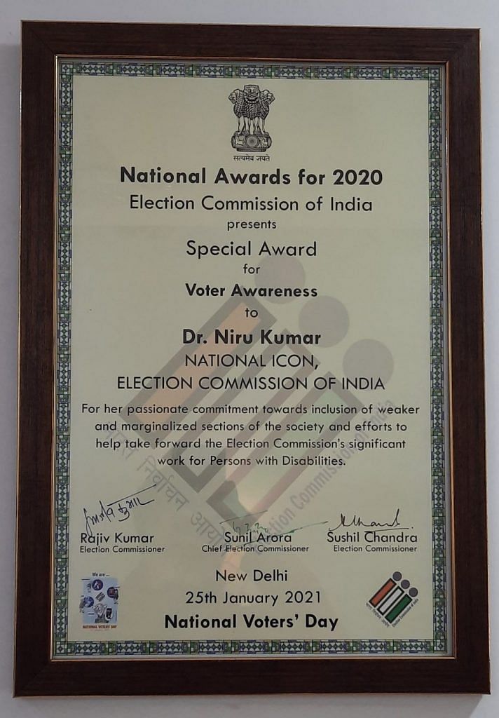 Special Award for Voter Awareness to Dr Niru Kumar by ECI. Photo Credit: Rewati Karan