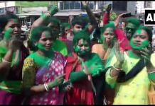 TMC workers celebrate at North 24 Paraganas as their party led in the four assembly seats | ANI