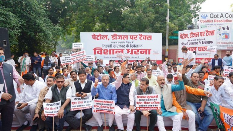 Delhi BJP stages dharna near Kejriwal’s residence, demands cut in VAT on petrol, diesel