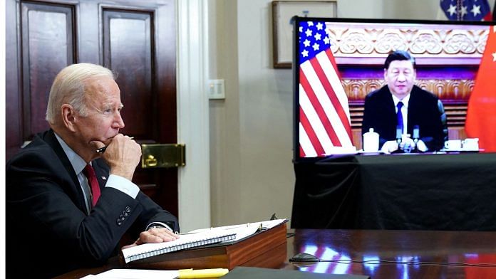 US President Joe Biden meets with China's President Xi Jinping during a virtual summit from the White House in Washington, DC on 15 November 2021. Photographer: Mandel Ngan/AFP/Getty Images via Bloomberg