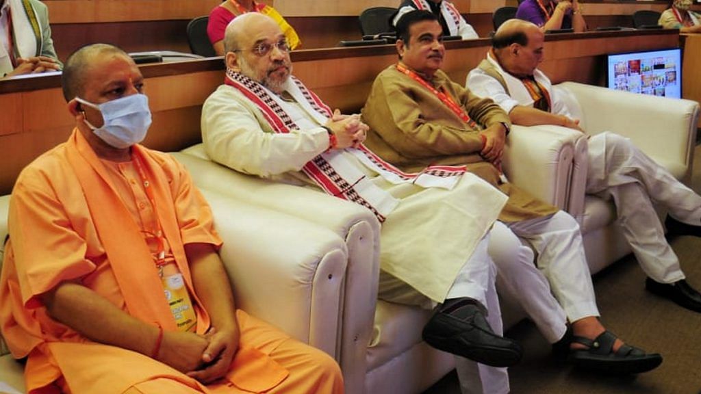 (From left) UP CM Yogi Adityanath, Union Home Minister Amit Shah, Road Transport and Highways Minister Nitin Gadkari and Defence Minister Rajnath Singh at the BJP National Executive meeting | Photo: Suraj Singh Bisht | ThePrint