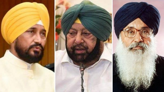 (From left) Punjab Chief Minister Charanjit Singh Channi, and his predecessors Amarinder Singh and Parkash Singh Badal | PTI/ Twitter/Wikimedia commons