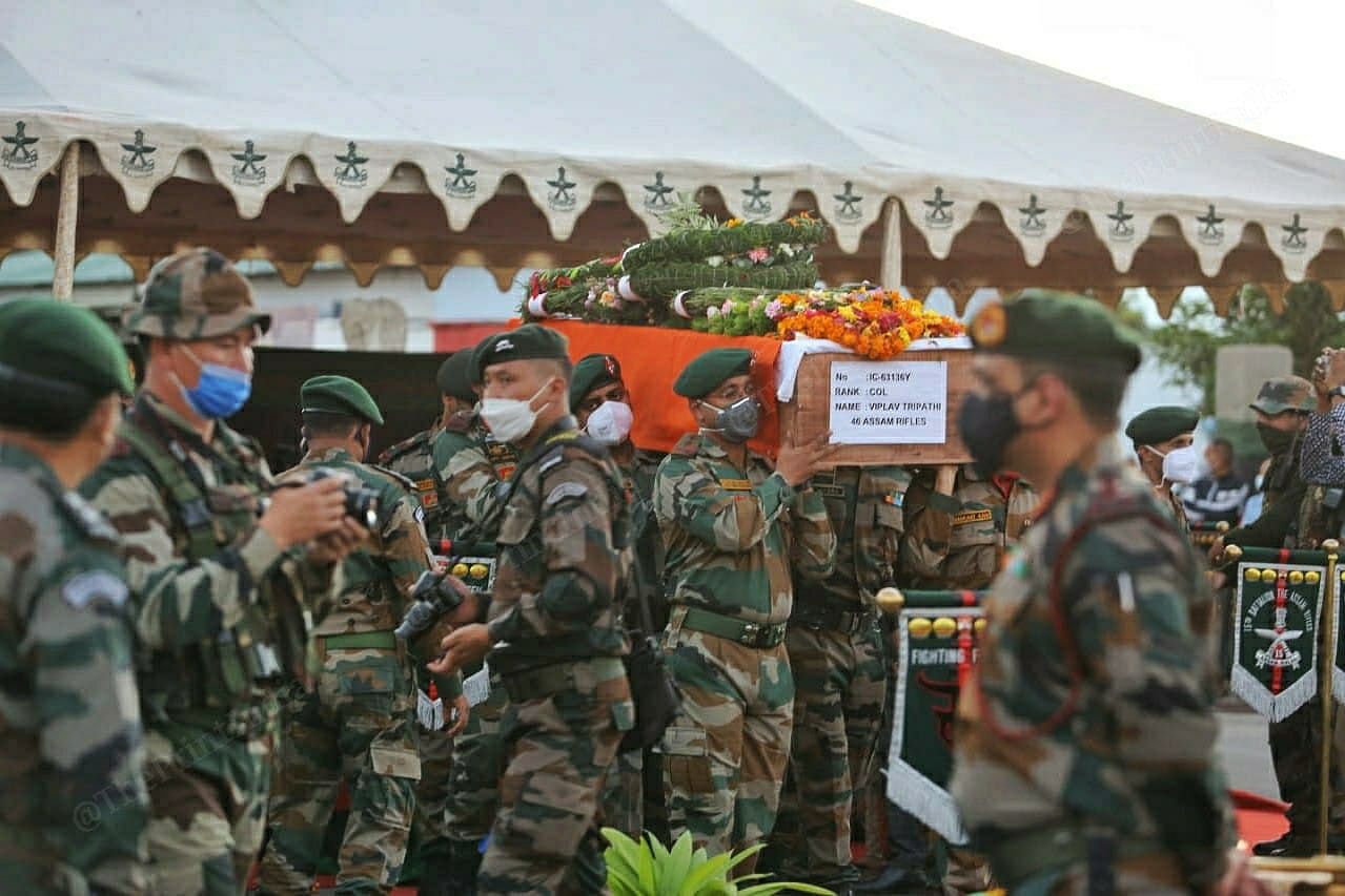 Jawans carrying CO Viplav Tripathi's coffin | Photo: Praveen Jain | ThePrint