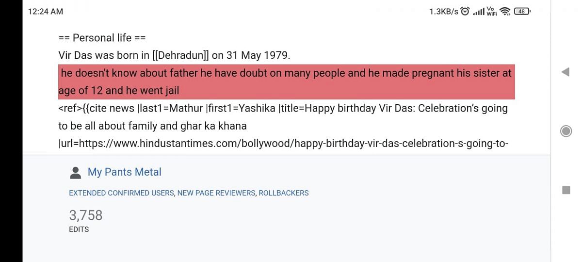 Screenshot of the revisions on Vir Das’s Wikipedia page | Credit: SM HoaxSlayer 