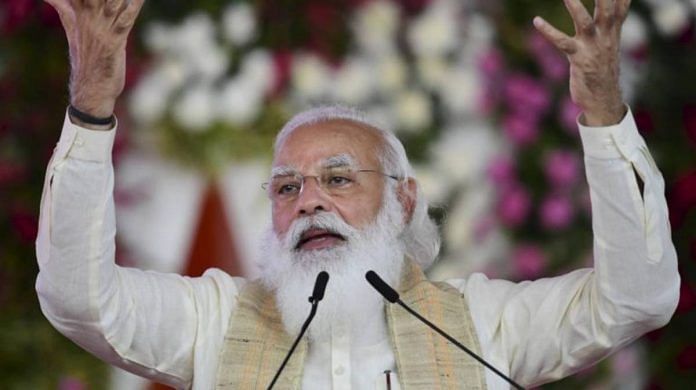 PM Narendra Modi speaks during the flag-off ceremony of the Dandi March to celebrate the 75th anniversary of India’s Independence in Ahmedabad, on 12 March 2021 | PTI