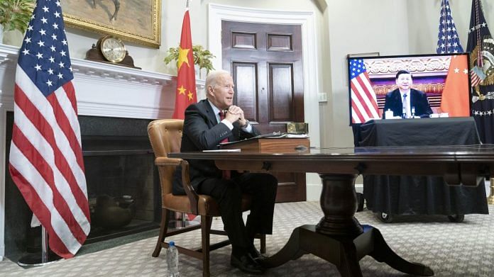 US President Joe Biden speaks while meeting virtually with Xi Jinping, China's president, in the Roosevelt Room of the White House in Washington, DC | Photographer: Sarah Silbiger/UPI/Bloomberg