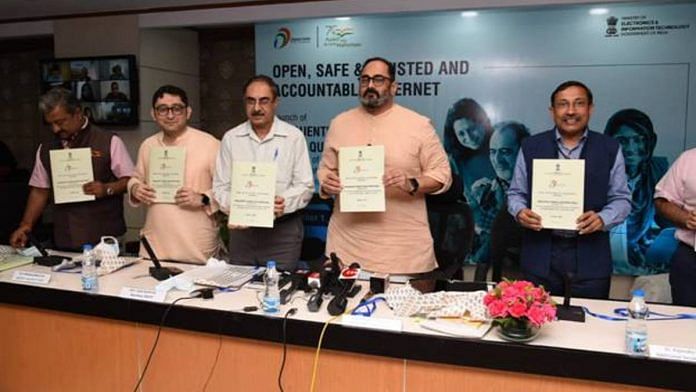 Minister of State Electronics and Information Technology Rajeev Chandrasekhar at the launch of the FAQ document. | Twitter | @PIB_India