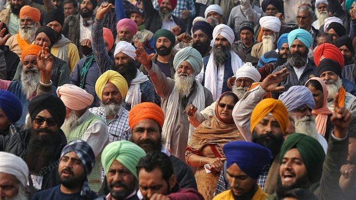 File photo of farmers protest against the Modi government's farm laws, near Delhi | Suraj Singh Bisht | ThePrint