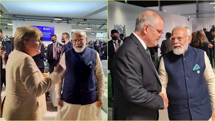 PM Narendra Modi with German Chancellor Angela Merkel, left, and Australian Prime Minister Scott Morrison, right, in Glasgow, on 2 November 2021 | Twitter/@narendramodi