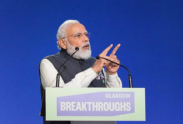 Prime Minister Narendra Modi speaks at the launch of Green Grids Initiative- One Sun One World One Grid in Glasgow | PTI Photo