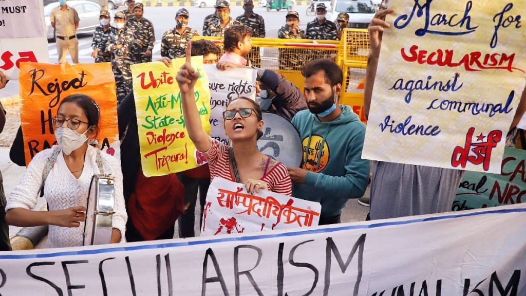 Jawaharlal Nehru University Students' Union protest in Delhi on 1 November against the violence in Tripura. | ANI