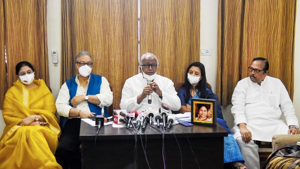 Representational image. | A file photo of TMC MPs (Saugata Roy, Sajda Ahmed, Jawhar Sircar, Mahua Moitra and Sukhendu Sekhar Roy) addressing the media in New Delhi. | Photo: ANI