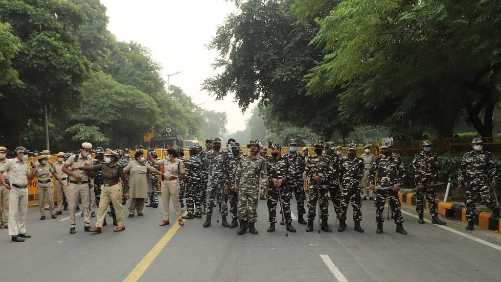 Security and police personnel stand guard during a protest against the Tripura government near Tripura Bhawan, in New Delhi on 5 November 2021. | Photo: ANI