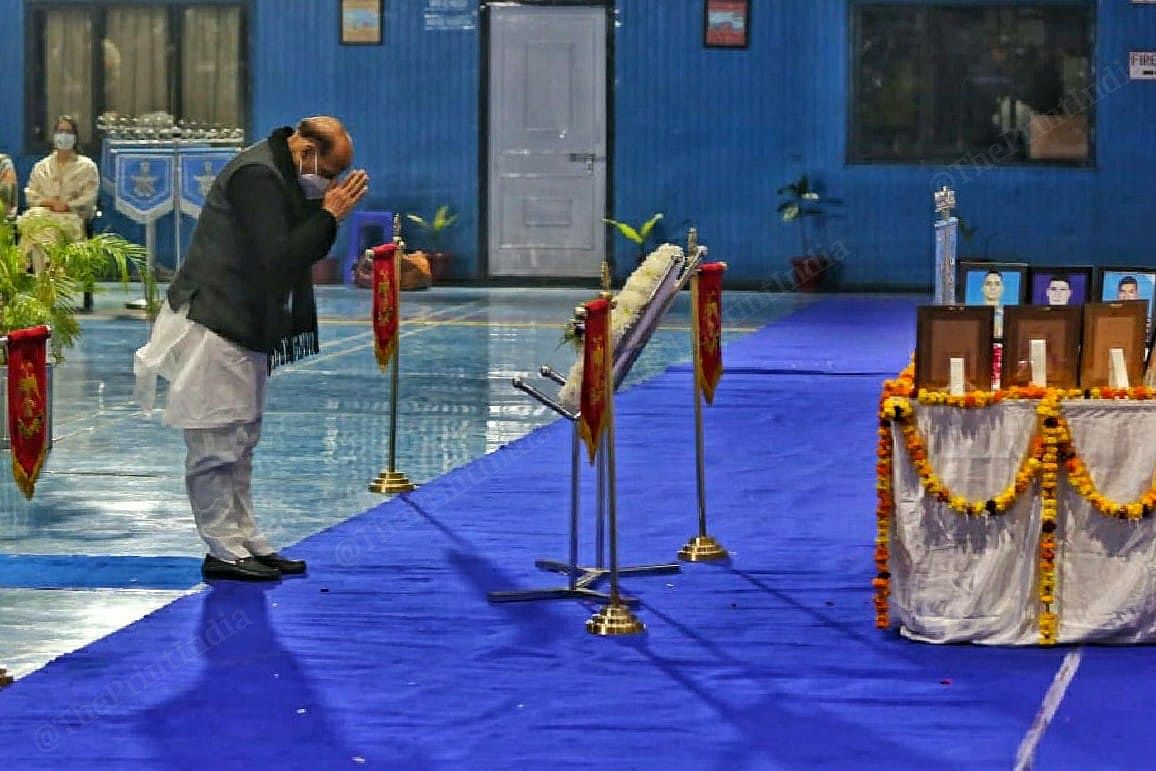 Defence minister Rajnath Singh pays tribute to the victims of the helicopter crash | Photo: Suraj Singh Bisht | ThePrint