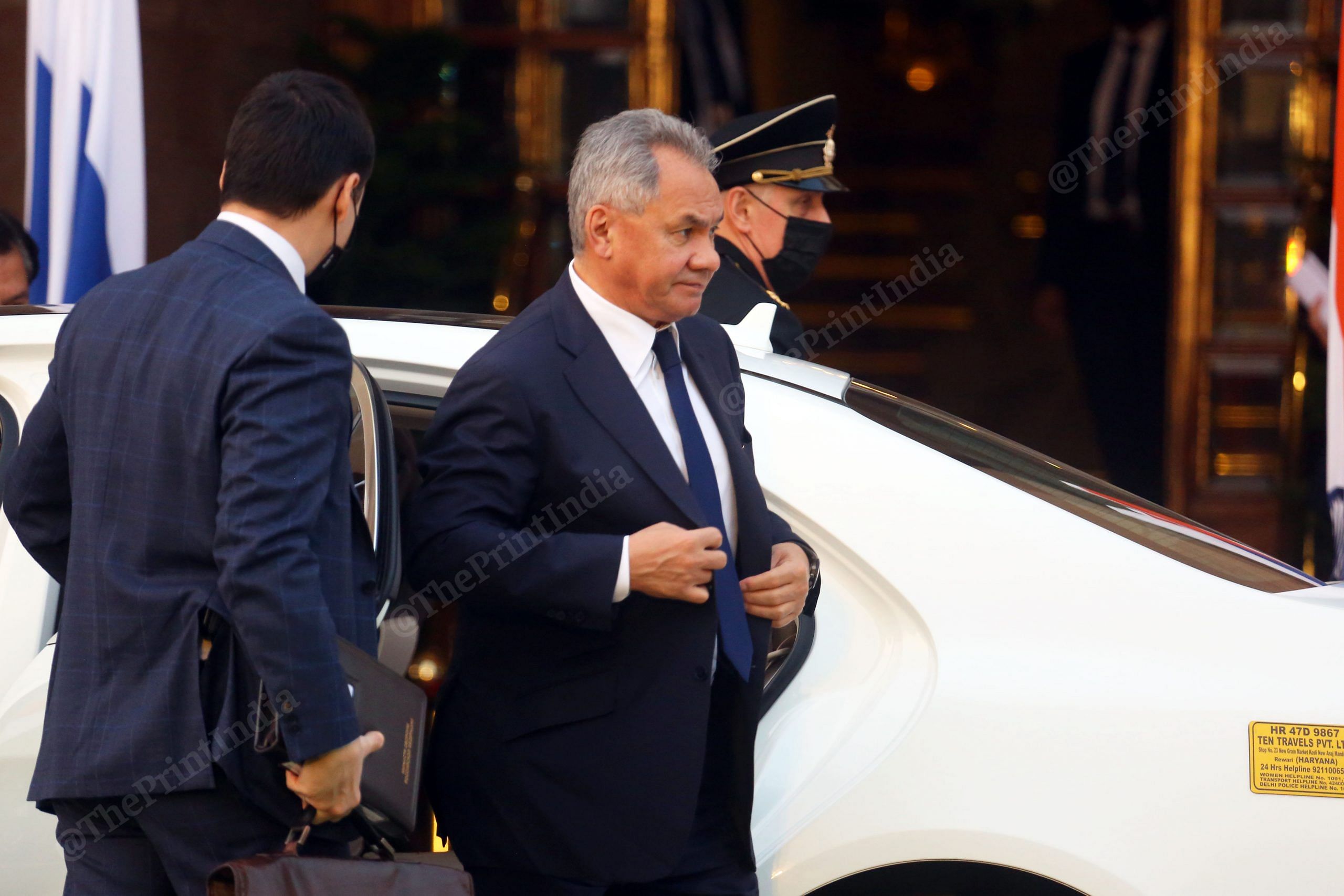 Minister of Defence of the Russian Federation Sergey Kuzhugetovich Shoigu arrives at Hyderabad House Monday | Photo: Praveen Jain | ThePrint