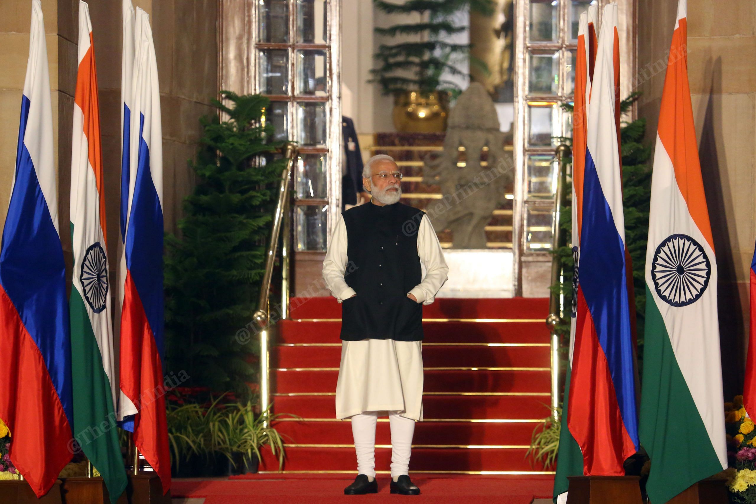 Prime Minister Narendra Modi waits to receive Russian President Vladimir Putin Monday | Photo: Praveen Jain | ThePrint