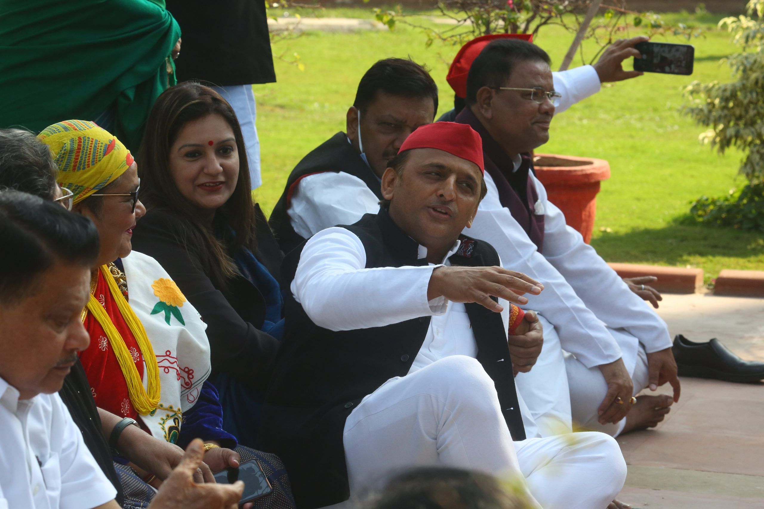 Akhilesh Yadav wit other leaders protesting against the suspension of 12 Rajya Sabha MPs from the winter session of Parliament | Photo: Praveen Jain | ThePrint