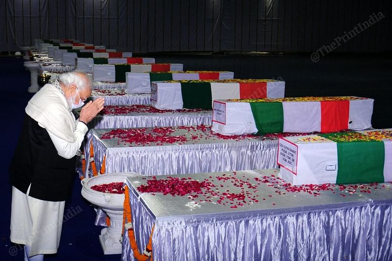 PM Narendra Modi pays tribute to the late Gen. Bipin Rawat and the other victims of the helicopter crash in Tamil Nadu | Photo: Suraj Singh Bisht | ThePrint
