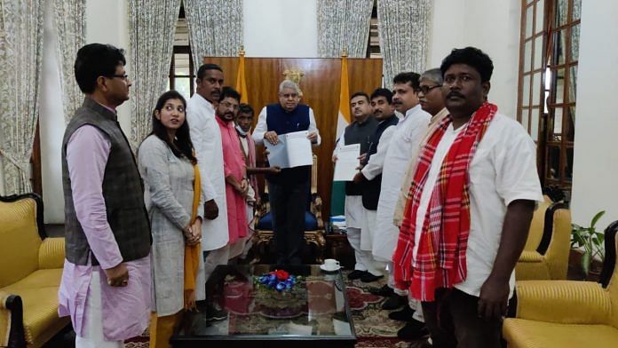 A delegation led by BJP MLA Suvendu Adhikari and BJP Kisan Morcha chief Mahadev Sarkar had met Governor Jagdeep Dhankhar on Saturday. | Photo credit: Twitter