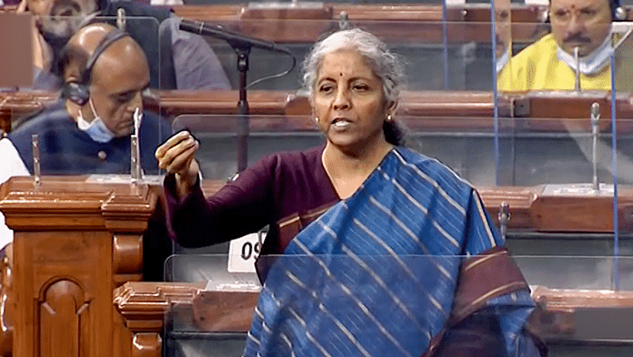Finance Minister Nirmala Sitharaman in the Lok Sabha during ongoing Winter Session of Parliament in New Delhi, on 6 December 2021 | PTI