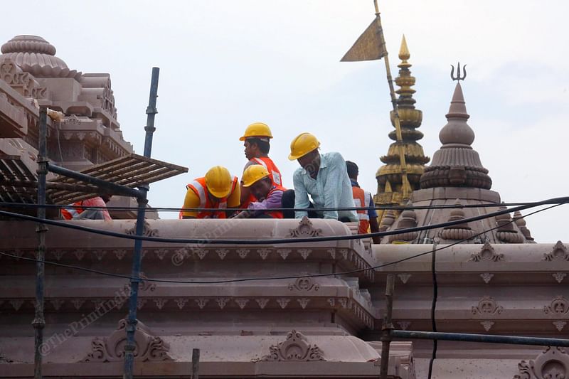 Construction workers carrying out work at the main gate of the Kashi Vishwanath Dham Project | Photo: Praveen Jain | ThePrint