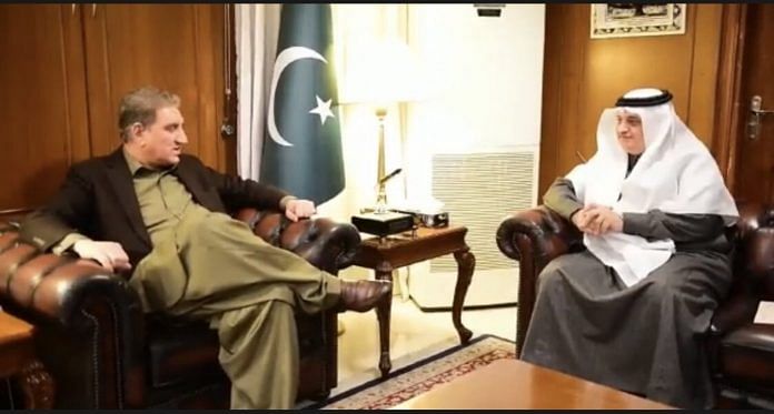 A picture of the meeting between Pakistan’s foreign minister Shah Mehmood Qureshi and Saudi ambassador to Pakistan. | Photo Credit: Twitter/@AOAltwaijri