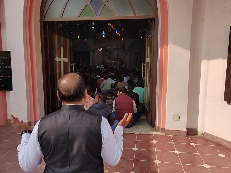 Gurdaspur District Congress President Roshan Joseph praying at Sunday mass, attended by approximately 1,000 people | Shubhangi Misra | ThePrint