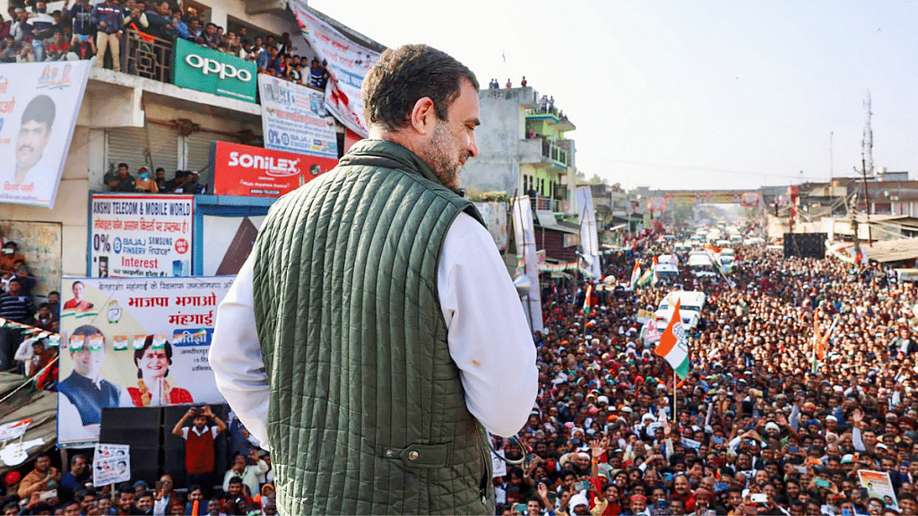 Congress leader Rahul Gandhi addresses supporters during the party's 'Mehngai Hatao, BJP Bhagao Pratigya Padyatara', in Amethi, UP on 18 December 2021 | PTI Photo