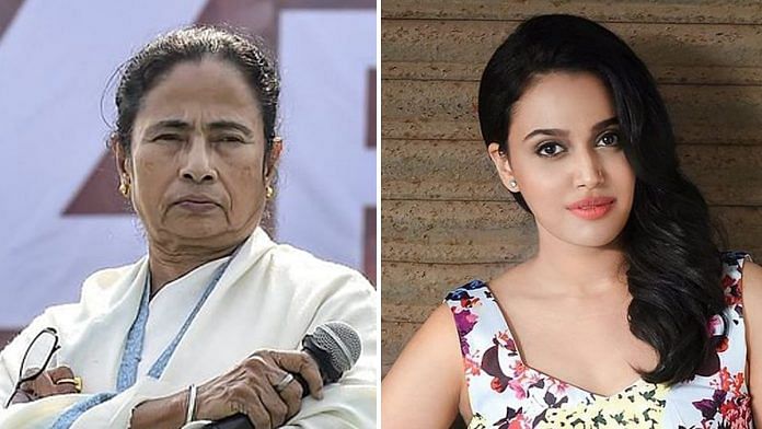 File photos of West Bengal CM Mamata Banerjee (L) and actor Swara Bhasker | PTI and Facebook