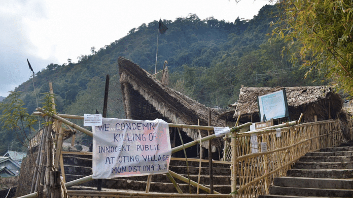 Placards and black flag are put up at the venue of Hornbill festival in solidarity with the civilians, killed in an anti-insurgency operation in Kisama, on 5 December 2021 | PTI
