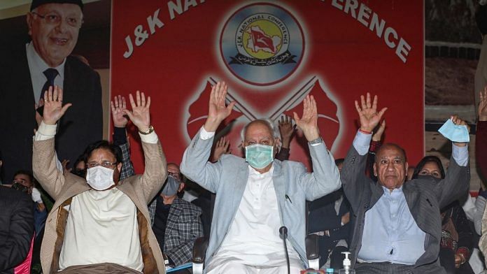 National Conference President Farooq Abdullah and party leaders at the one-day-convention at party headquarters in Jammu, on 7 December 2021 | PTI Photo