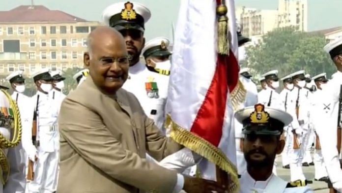 President Ram Nath Kovind during the presentation of 'President Standard' to the 22nd Missile Vessel Squadron in Mumbai, on 8 December 2021