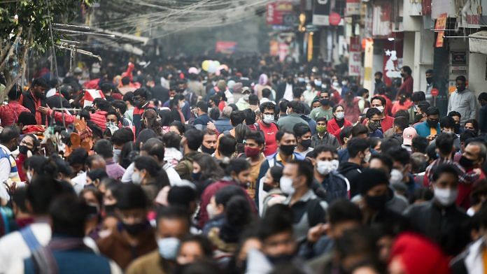A crowded Sarojini Nagar market in New Delhi, on 25 December 2021 | PTI Photo