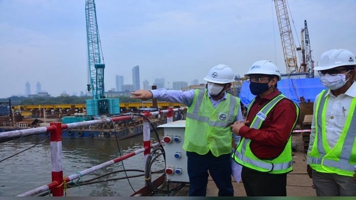 Metropolitan Commissioner S.V.R. Srinivas inspects the Mumbai Trans Harbour Link project. | File photo: Twitter/MMRDA