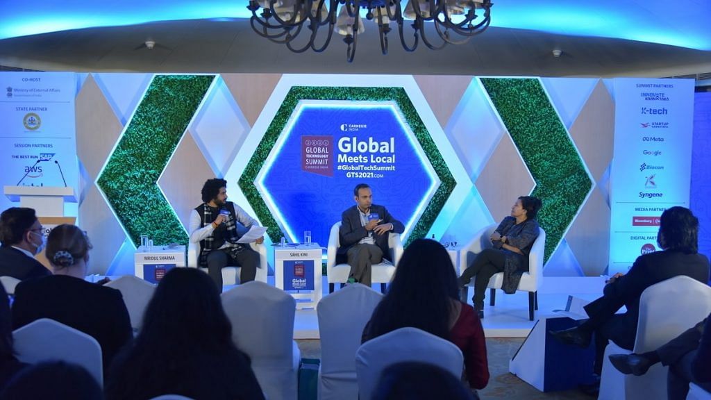 (From left to right) Mridul Sharma (MEITY), Sahil Kini, Setu co-founder, and Asha Jadeja Motwani, angel investor and philanthropist, at the Global Tech Summit 2021. | Photo by special arrangement