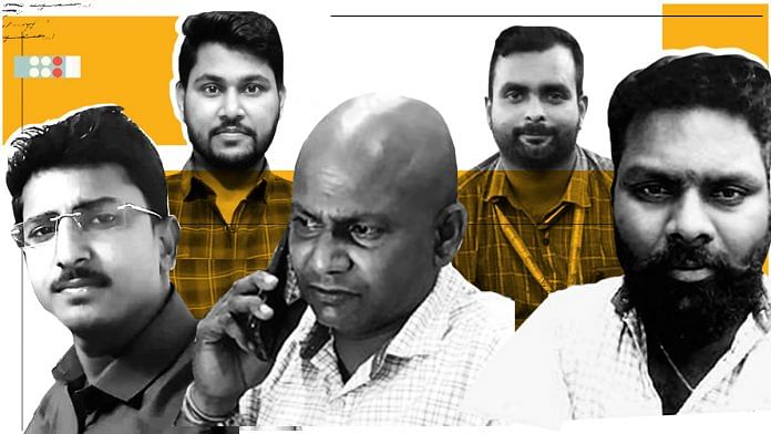 The five journalists who died due to their work, according to Committee to Protect Journalists. (L-R) Avinash Jha, Raman Kashyap, Sulabh Srivastava, Manish Singh, and Chennakesavalu | Graphic: ThePrint Team